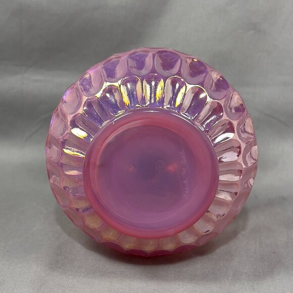 Vtg Frank Fenton Art Glass Plum Pink Carnival Iridescent Thumbprint Vase Signed - Picture 9 of 15